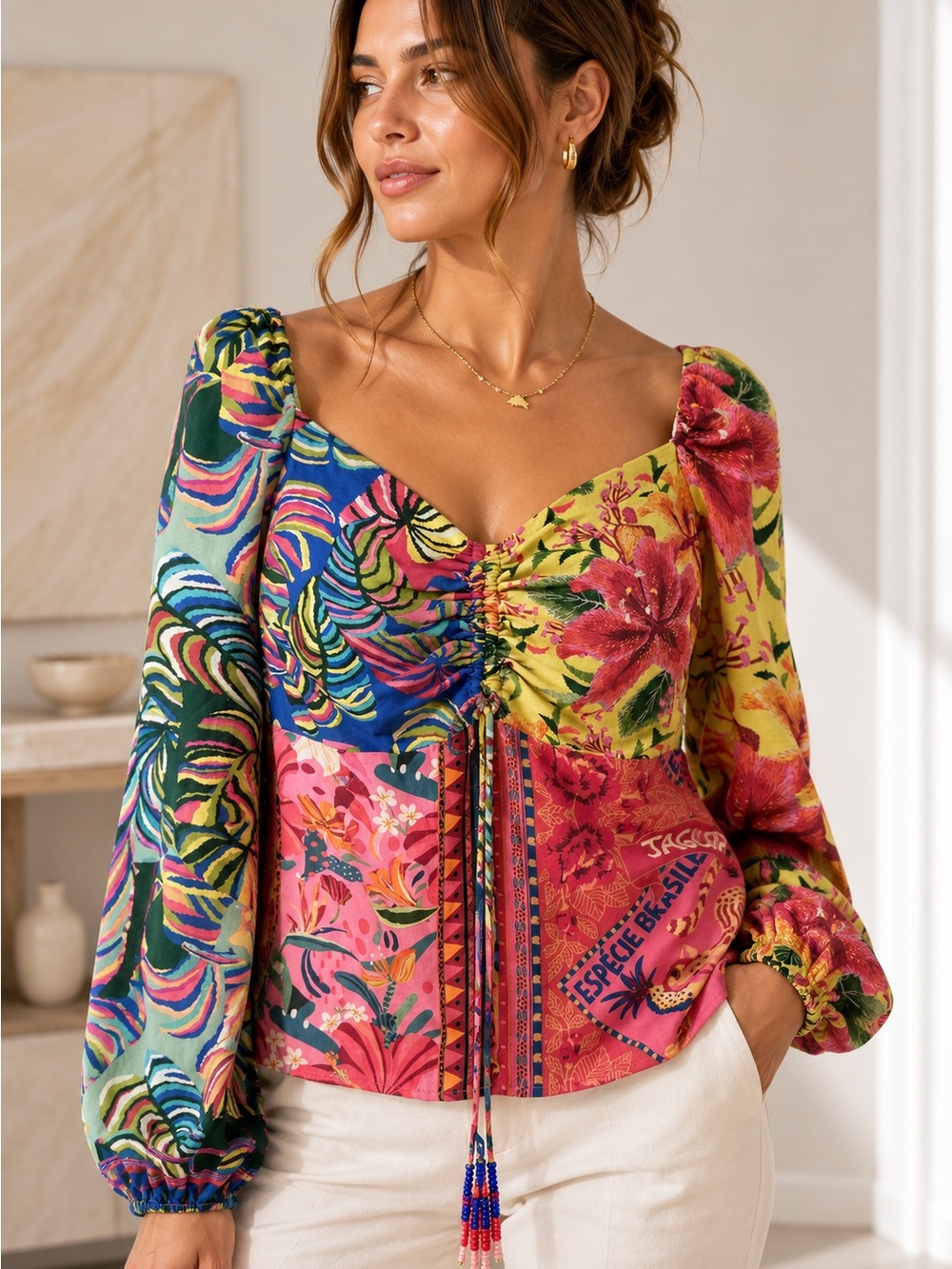 FARM Rio Patchwork Corset Puff Sleeve Blouse M Beaded Tassel